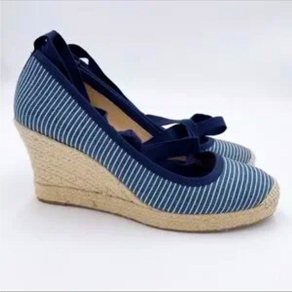 NIB J. Crew Seville Canvas Espadrille wedge ankle tie Blue & White stripes 7.5 - Picture 12 of 12